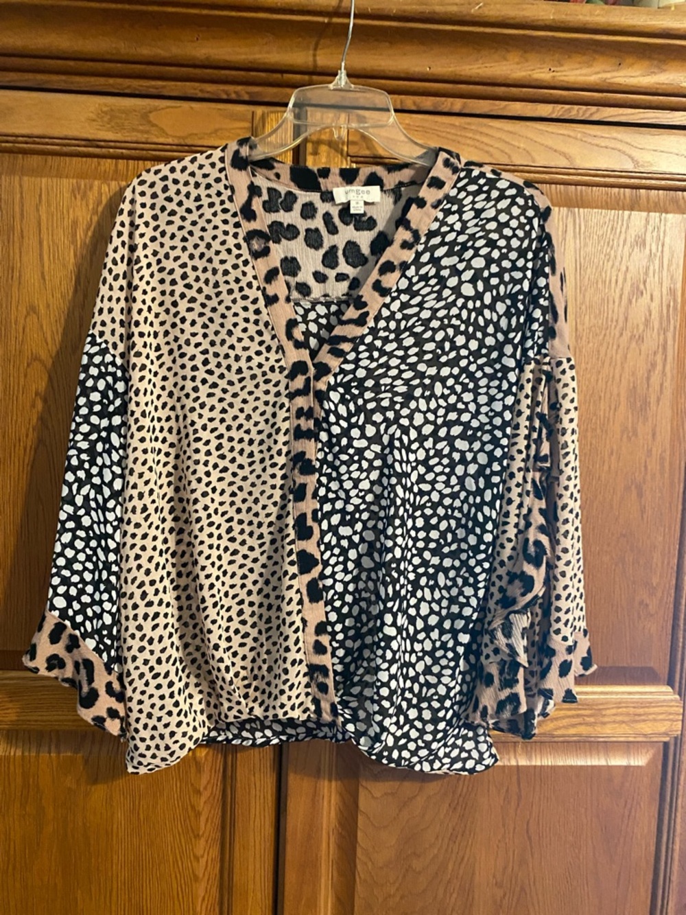 Umgee Mixed Leopard Patchwork V-Neck Top - Tan & Black